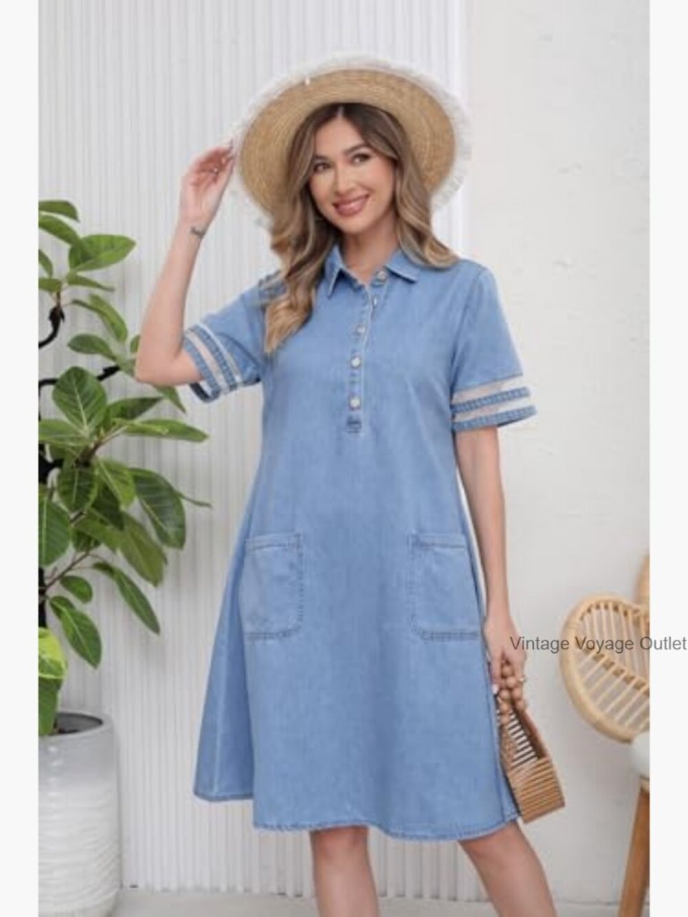 Tulle Sleeve Denim Midi Dress with Pockets A-Line Button Front - Picture 3 of 7
